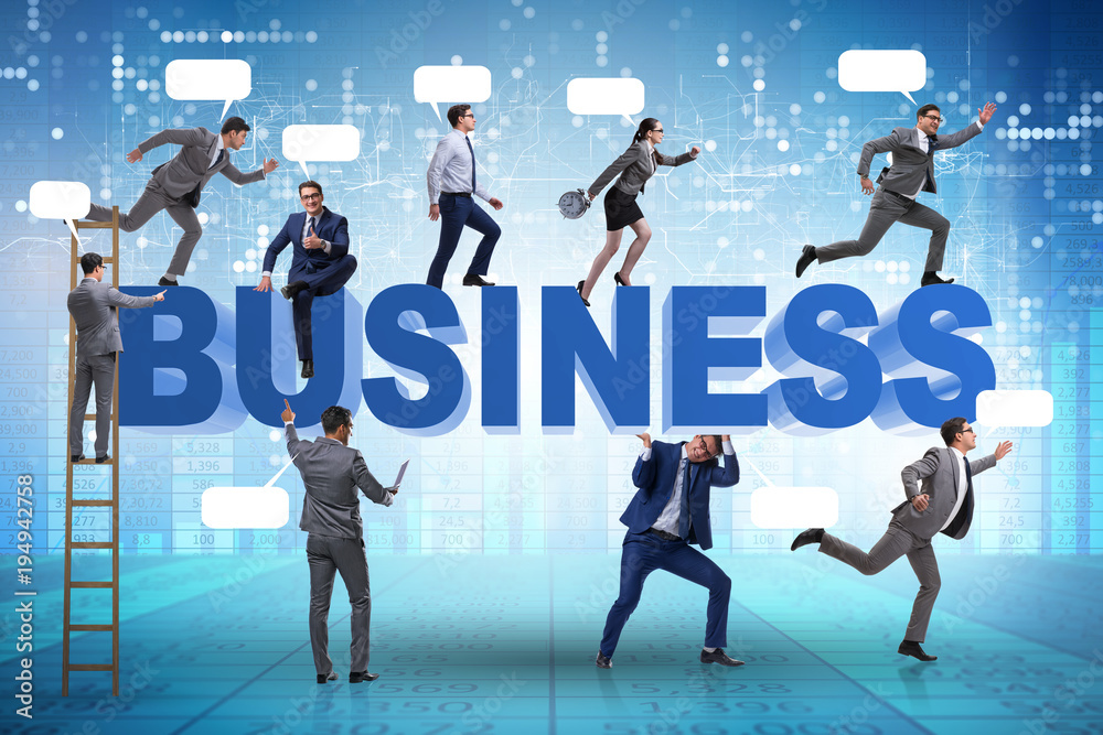Businessmen in business concept with ladder and bubble callouts Businessmen in business concept with ladder and bubble callouts