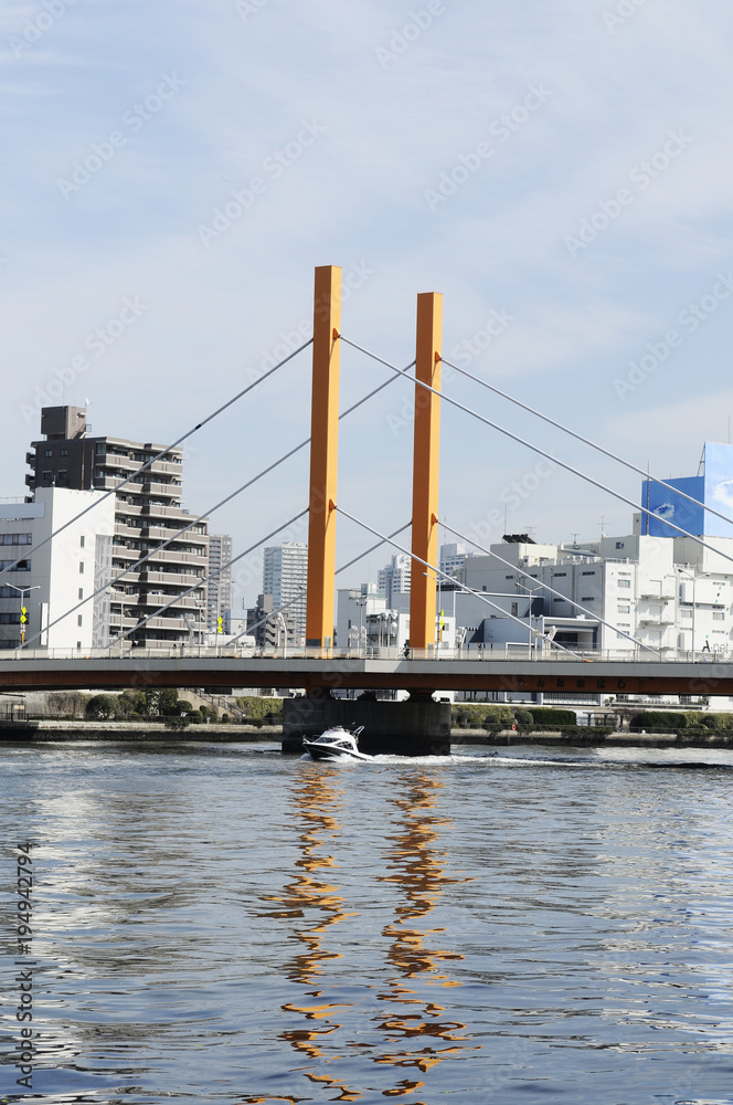 隅田川の新大橋とボート