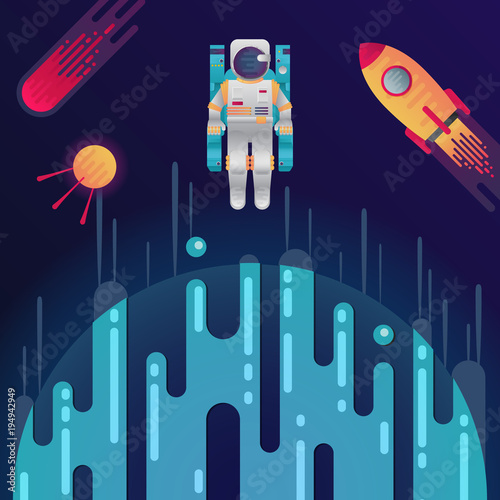 Digital planet, rocket, astronaut, satellite