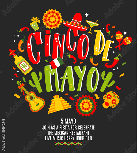 Cinco de mayo. Hand drawn lettering phrase. Design element for poster, postcard. Vector illustration