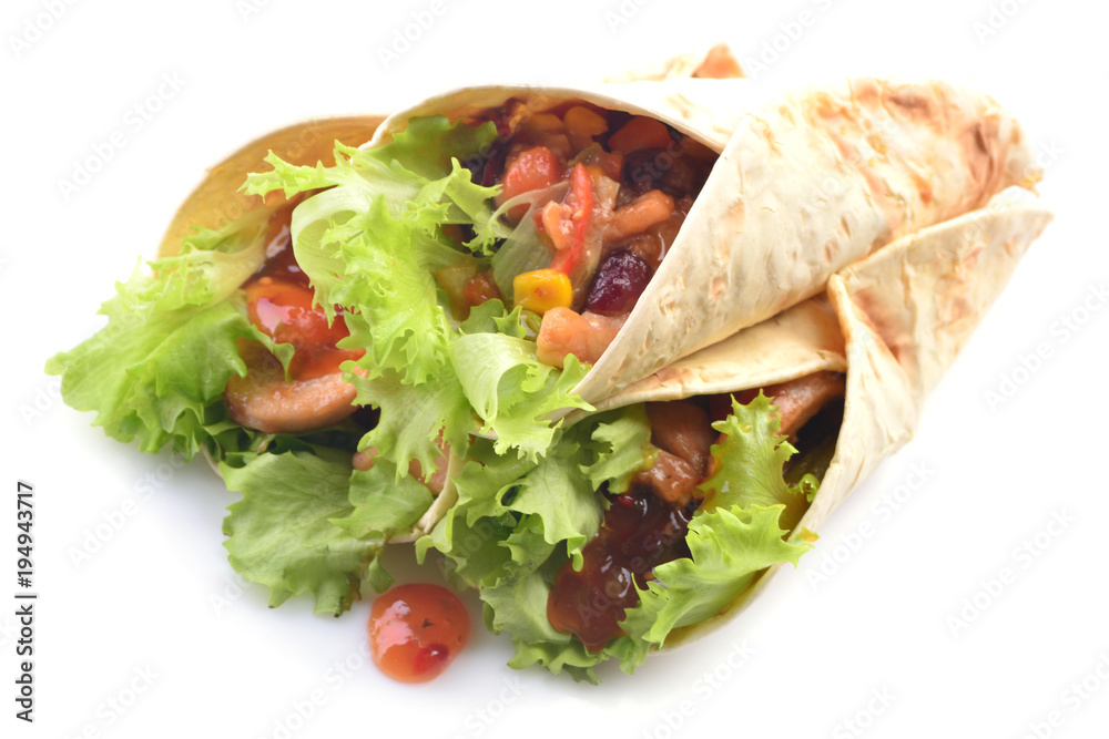Mexican burrito with chicken and vegetables on a white background Mexican burrito with chicken and vegetables on a white background