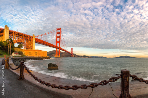 Famous Golden Gate Bridge at sunrise, San Francisco USA