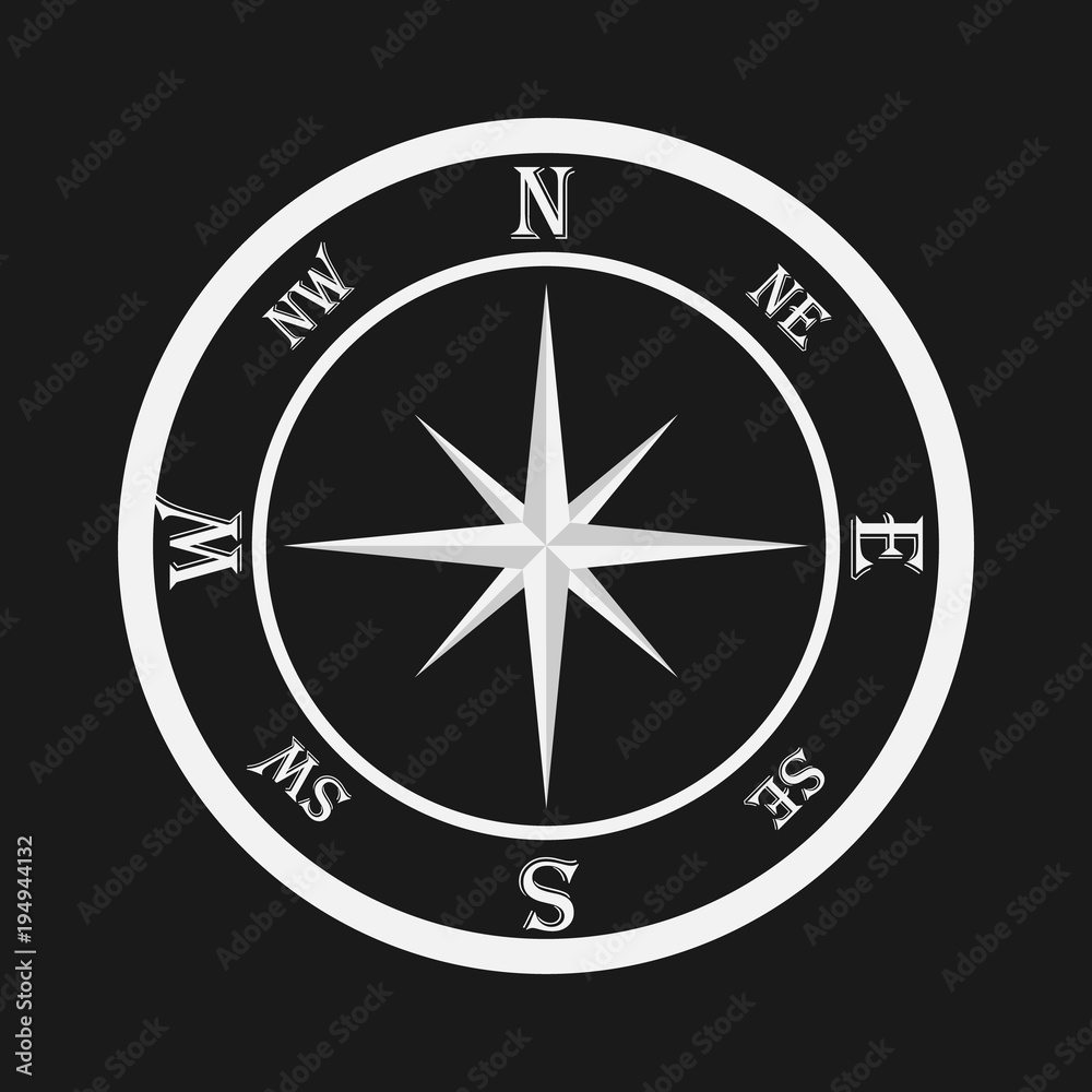 Compass, white compass on a black background. Compass icon. Compass, white compass on a black background. Compass icon.