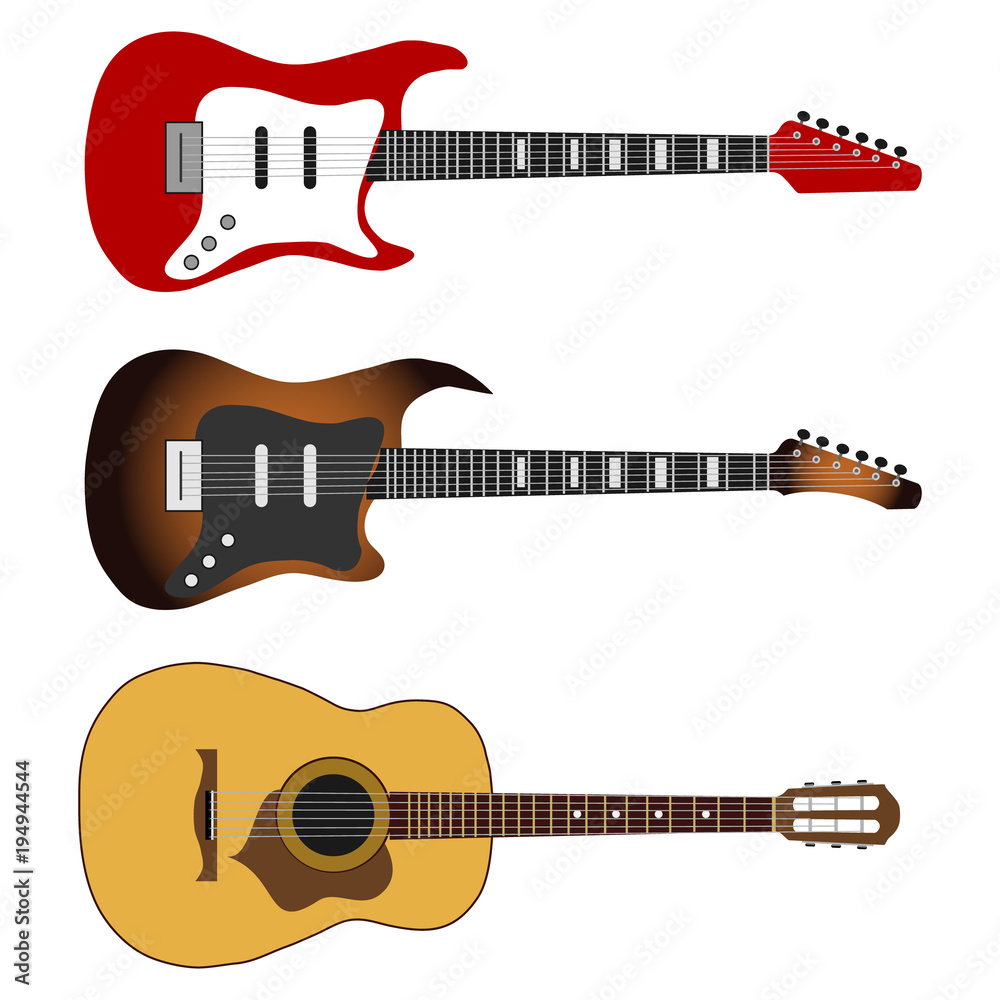 Electric guitar, a set of realistic electric guitars.