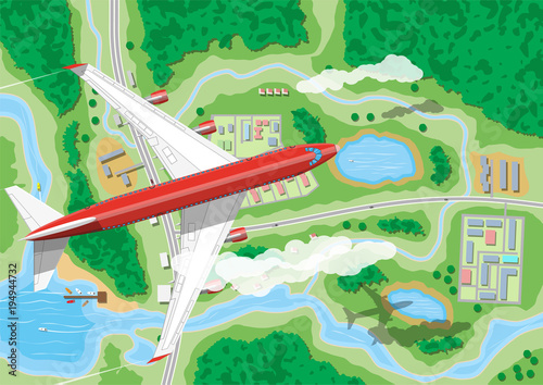 Airplane flies above land