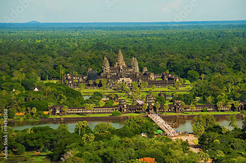 Angkor Wat temple complex, Aerial view. Siem Reap, Cambodia. Largest religious monument in the world 162.6 hectares photo