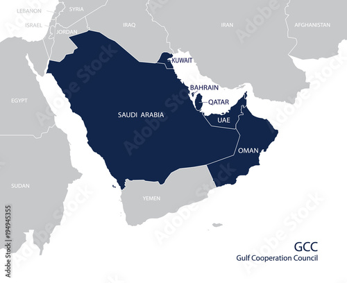 Valokuvatapetti Map of the Gulf Cooperation Council (GCC)'s members. Vector