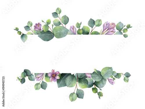 Fototapeta Naklejka Na Ścianę i Meble -  Watercolor banner with green eucalyptus leaves, purple flowers and branches.