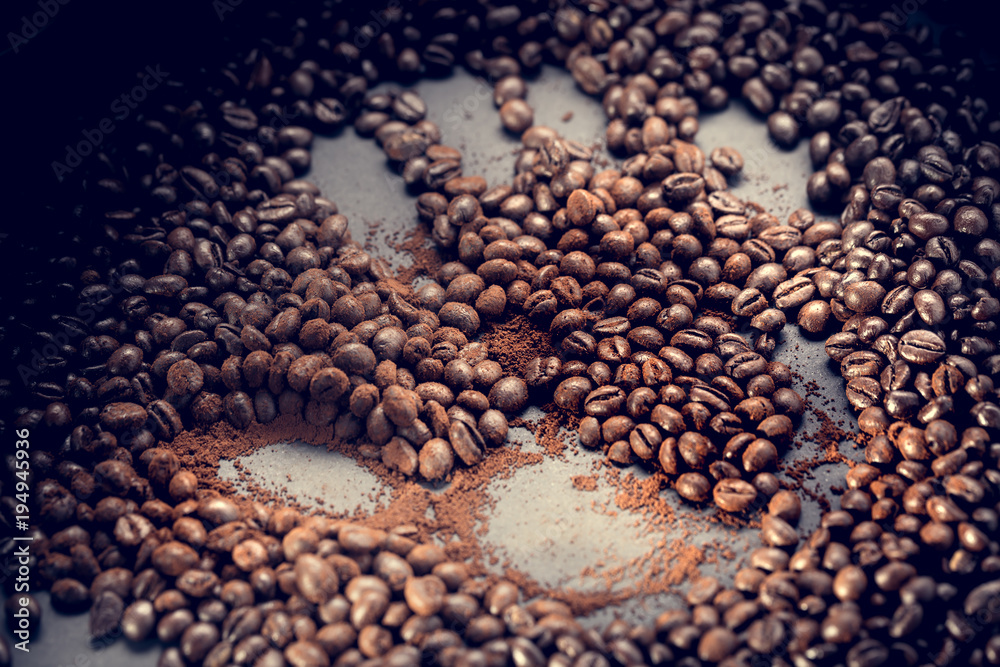 coffee beans background, top view, low key coffee beans background, top view, low key