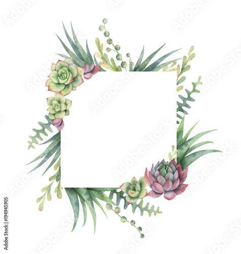 Watercolor frame of cacti and succulent plants isolated on white background.