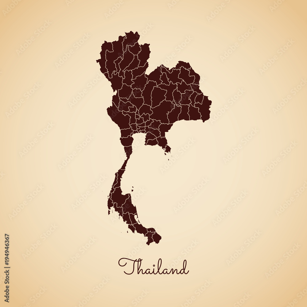 Εκτύπωση καμβά Thailand region map: retro style brown outline on old paper background