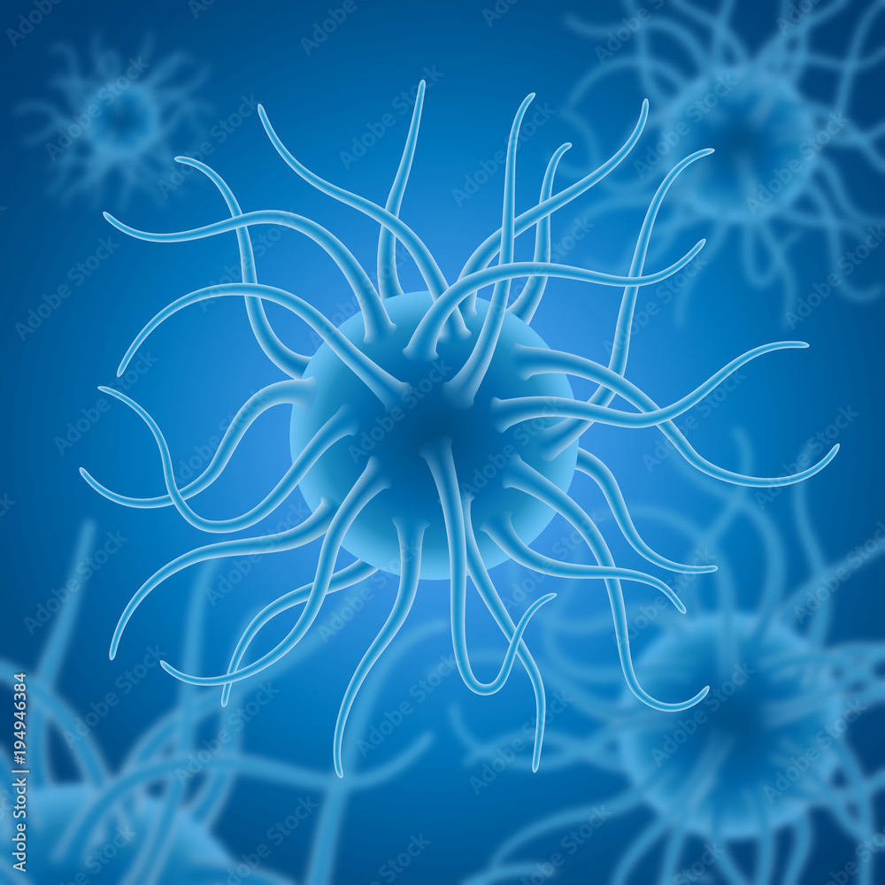 A fictional microorganism, a virus or a bacterium on a blue background with a blur effect. The tentacles give the creature a harsh and ugly appearance.