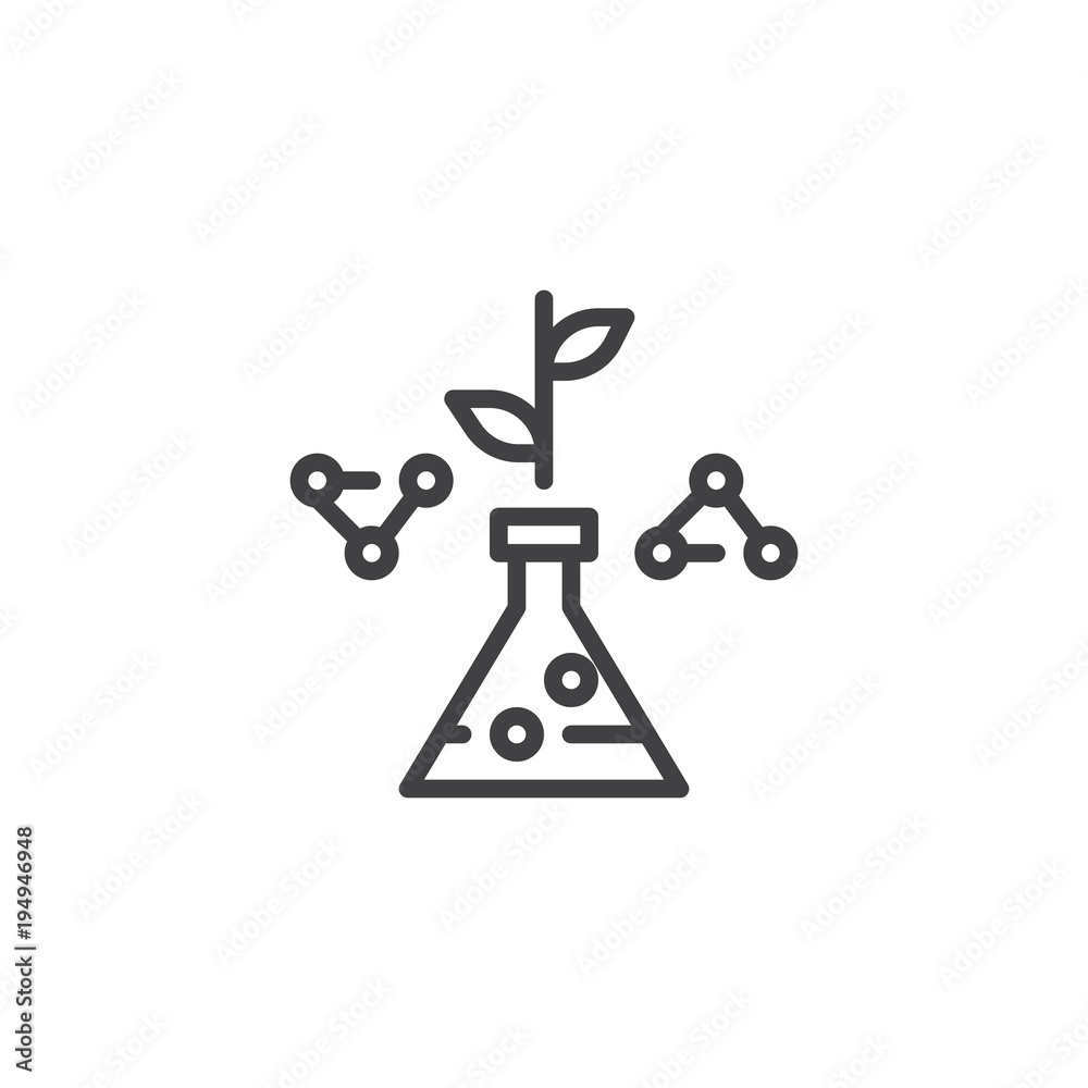 Test flask with leaf and molecule outline icon. linear style sign for mobile concept and web design. Herbal pharmacy simple line vector icon. Symbol, logo illustration