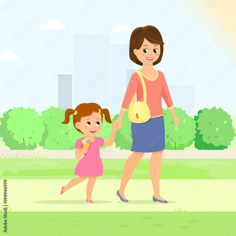 Mother with daughter.Mom holds her daughter hand.Isolated on white background. Cartoon style. Vector illustration
