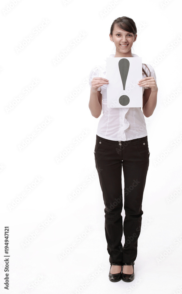 business woman showing exclamation mark . isolated on white background business woman showing exclamation mark . isolated on white background