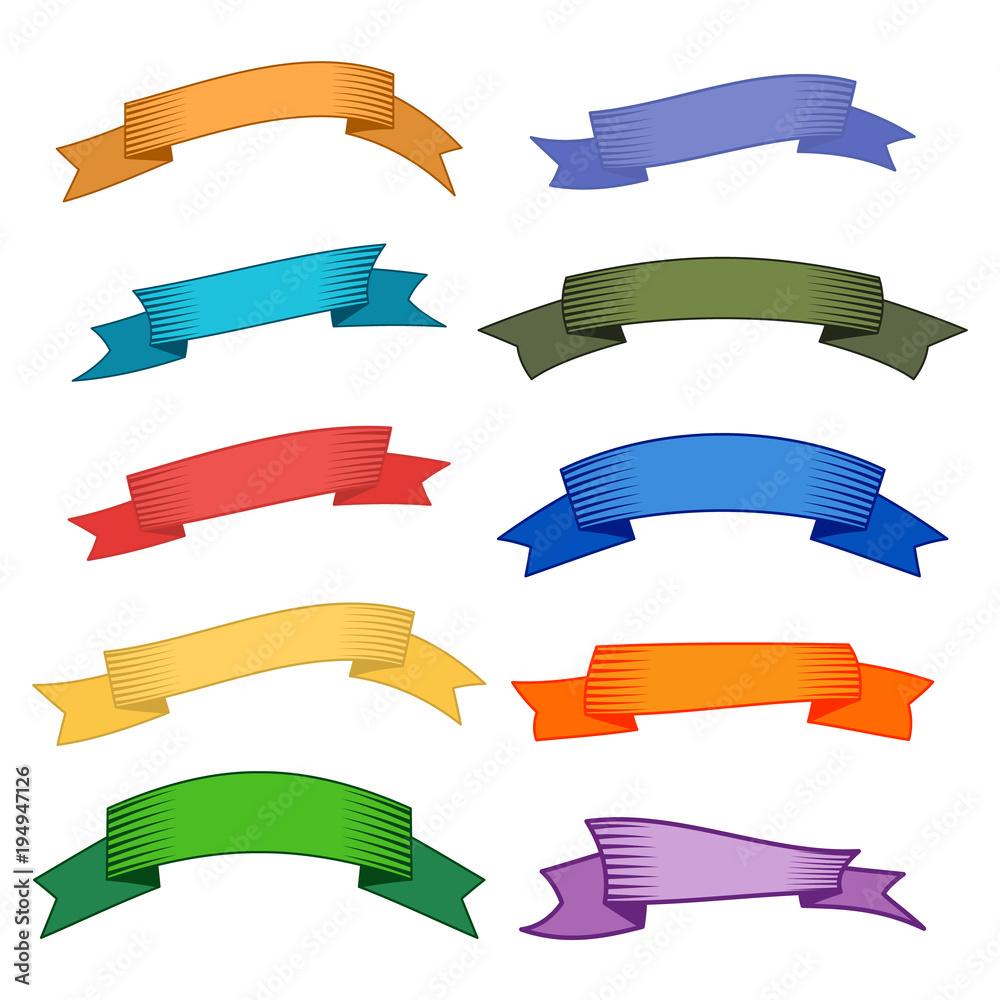 Set of ten multicolor ribbons and banners for web design. Great design element isolated on white background. Vector illustration.
