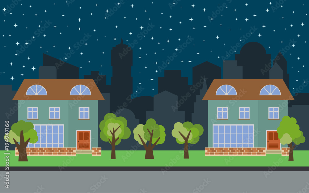 Vector city with two two-story cartoon houses and green trees at night. Summer urban landscape. Street view with cityscape on a background

