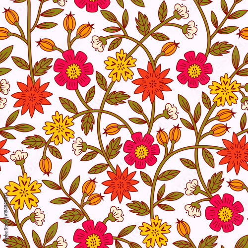 Seamless Colorful Floral Pattern  with Flowers and Leaves. Hand Drawn Vector Illustration.