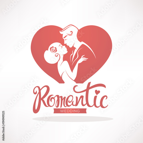 Romantic wedding, vector logo, emblem, sticker for your wedding invitation, with image of kissing couple, letterind composition and heart shape