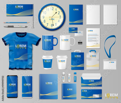Corporate Branding identity template design. Stationery mockup for shop with modern blue structure. Business style stationery and documentation. Vector illustration