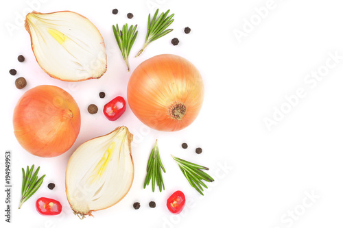 onions with rosemary and peppercorns isolated on a white background with copy space for your text. Top view. Flat lay