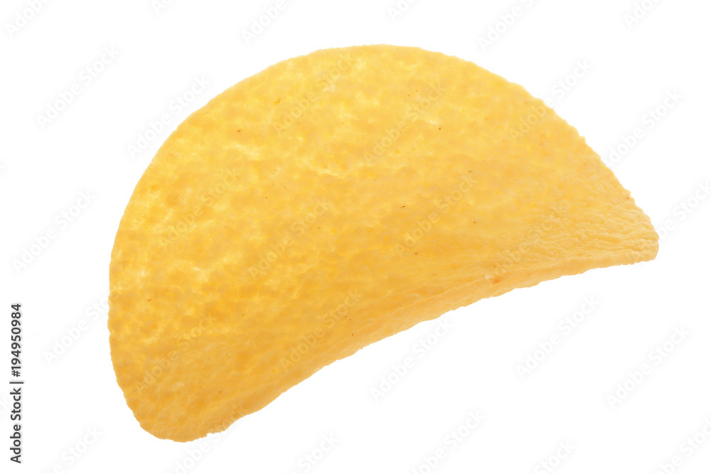 Single potato chip on white background close-up Single potato chip on white background close-up