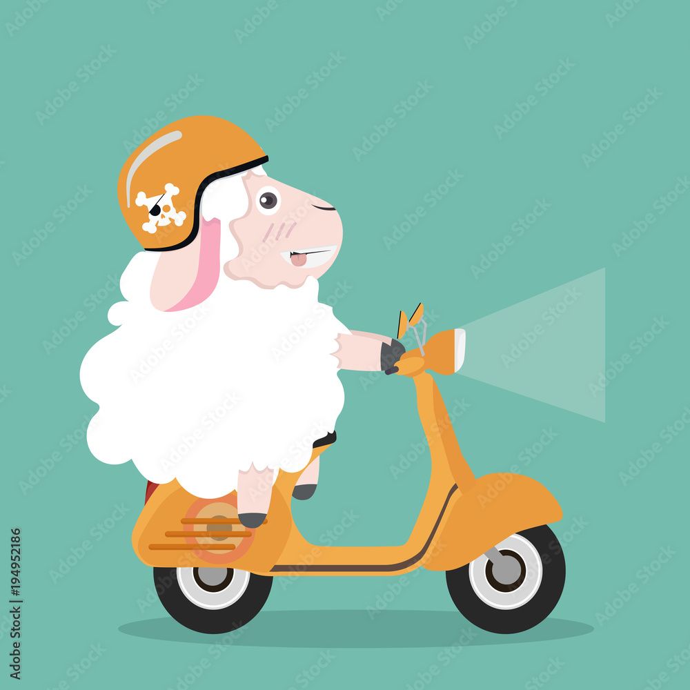 Fototapeta premium Cute sheep in helmet riding a yellow scooter