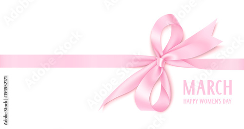 8 March. Happy Women's Day text. International womens day design template. Number eight with pink bow and horizontal ribbon isolated on white background. Vector illustration