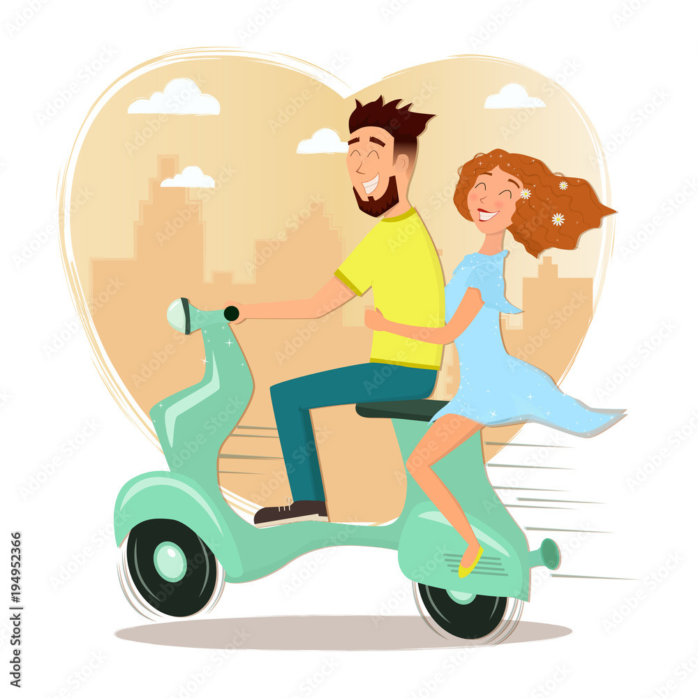 Happy man and woman in love riding a scooter. Vector cartoon illustration.