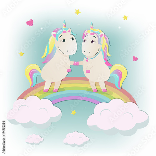 Cute magical unicorns in love on the rainbow. Vector illustration.