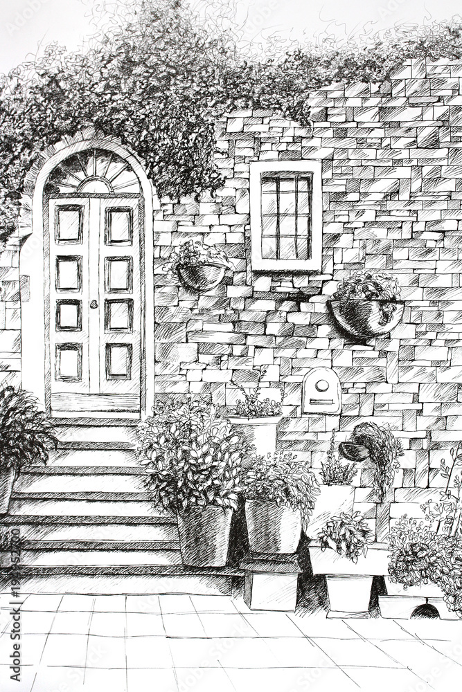 Old House Wall Architecture Ballpoint Pen Drawing Stock Illustration car-rental-las-vegas-harry-reid-airport-mccarran-car-center