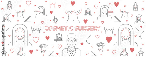 Line infographics Plastic Surgery, cosmetic surgery banner. Breast augmentation signs. Vector symbols