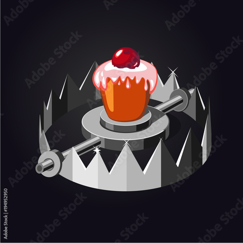Metal trap with cake. Realistic vector illustration.