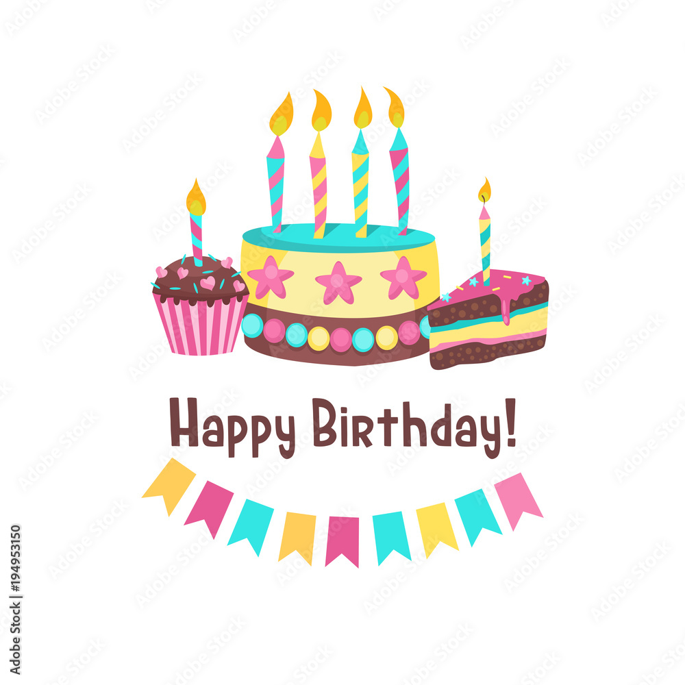 Happy birthday greeting card. Lovely birthday Cakes with candles. Happy birthday greeting card. Lovely birthday Cakes with candles.