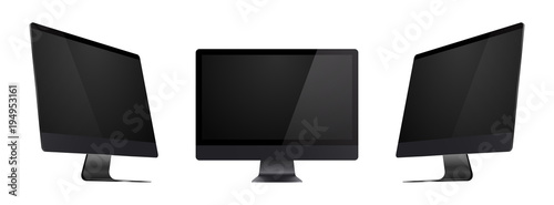 Computer monitor mockup with perspective view. Black monitors with blank screens isolated on white background.