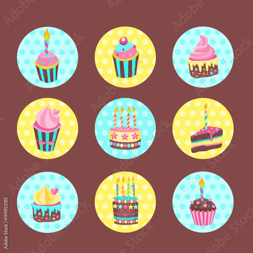 Set of vector stickers  tags.  Lovely birthday Cakes and cupcakes with candles.