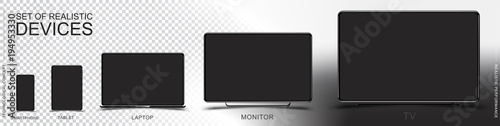 Set Mock-up of realistic devices. Smartphone, tablet, laptop, monitor and TV on a transparent and white background. Flat vector illustration EPS 10