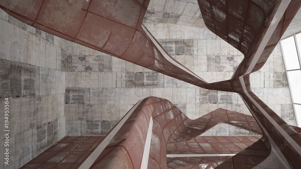 Empty smooth abstract room interior of sheets rusted metal with gray concrete. Architectural background. 3D illustration and rendering