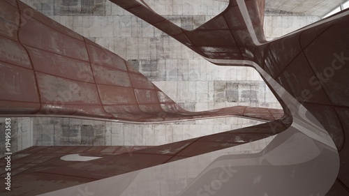 Empty smooth abstract room interior of sheets rusted metal with gray concrete. Architectural background. 3D illustration and rendering