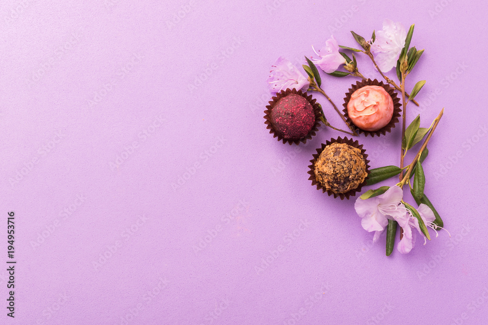 A variety of chocolate candies on a purple background decorated with fresh flowers.Flat layout. A variety of chocolate candies on a purple background decorated with fresh flowers.Flat layout.