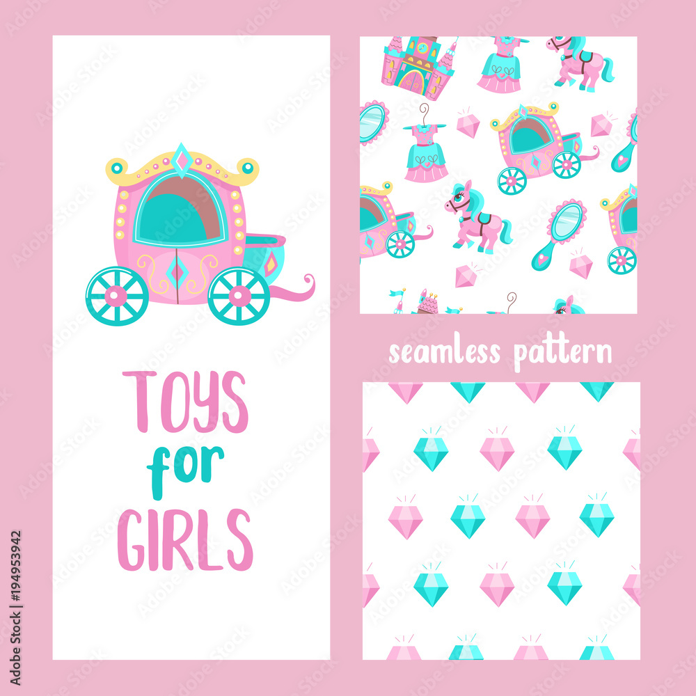 Seamless fabulous pattern on a white background. Seamless pattern with pink and blue diamonds. Fairytale castle, pink pony, Princess dress, pink Royal carriage, diamonds.