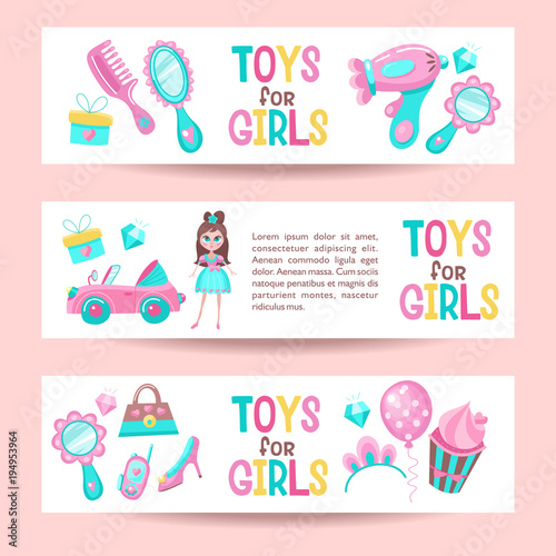 Set of banners. Toys for girls. In pink and blue color. Hair care set, convertible, pretty girl, mirror, shoes, handbag, diamond, tiara, cake.