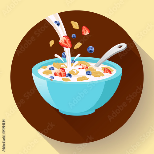 Vector breakfast cereal in bowl filled with milk and berries, flat cereal bowl icon. Breakfast icon. breakfast cereal in different flavors, breakfast icon