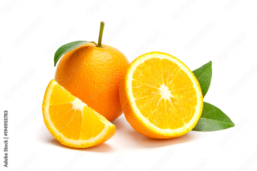 Oranges group freshly on a white background. Half of orange isolate on ...