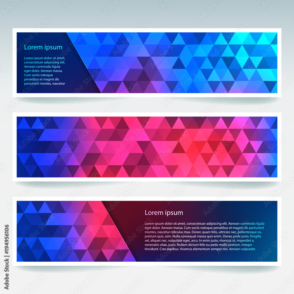 Set of banner templates with abstract background. Modern vector banners with polygonal background. Pink, blue, red colors.