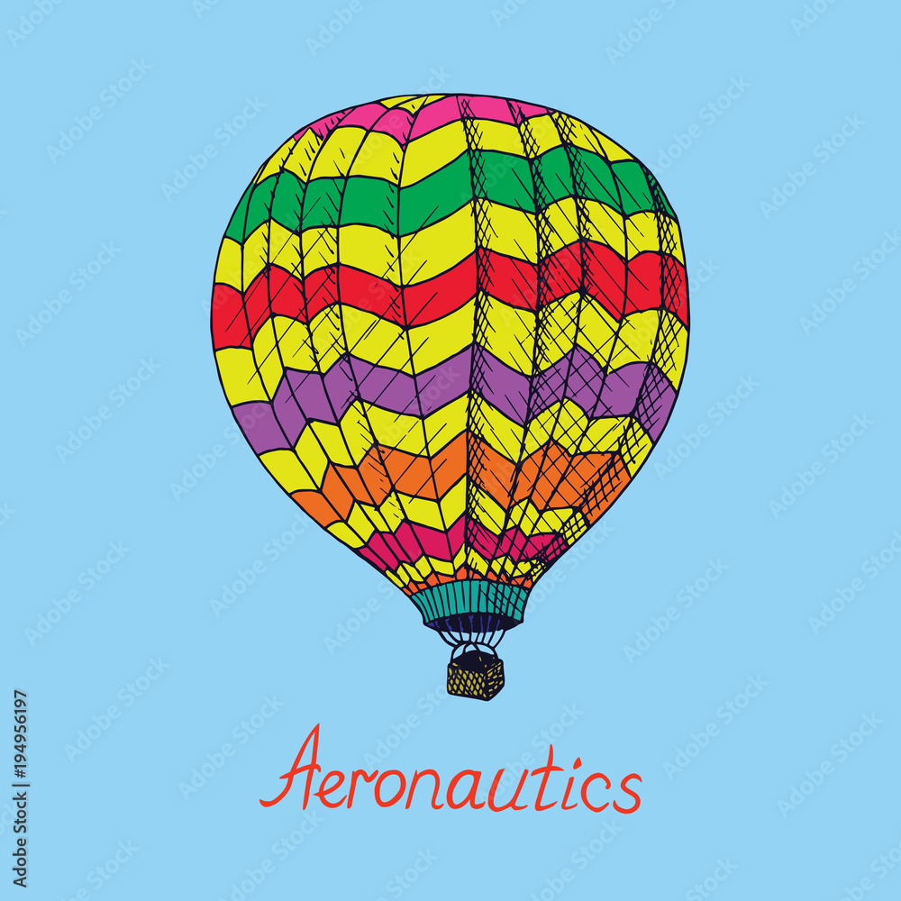 Naklejka premium Colorful hot air balloon (Aeronautics) with inscription, hand drawn doodle sketch, isolated vector outline illustration on blue background