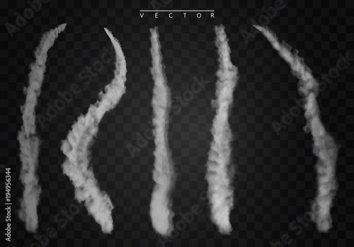 Set jet trailing smoke isolated vector. Foggy trail jet or plane, smoky effect after rocket illustration. Airplane condensation trails. Vector illustration EPS10