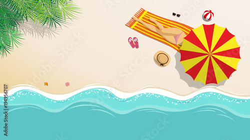 vector illustration. sexy girl in bikini sunbathing on the beach with beach umbrella and beach fashion accessory at tropical country in summer season. summer background concept