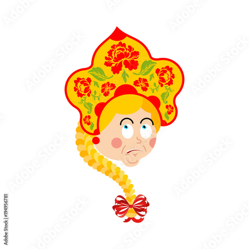 Russia confused emoji oops. Russian Girl perplexed emotions. Female surprise in national hat Kokoshnik. Historical folk cap