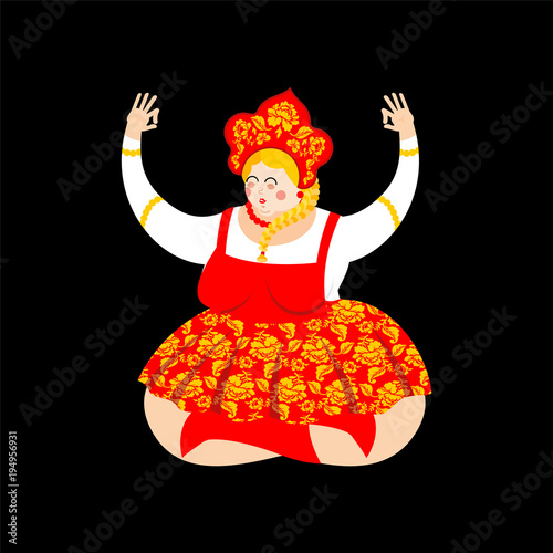 Russia yoga. Russian Girl yogi. Female Relaxation and meditation in national costume. ethnic Historical cap Kokoshnik with Khokhloma painting. folk Dress.